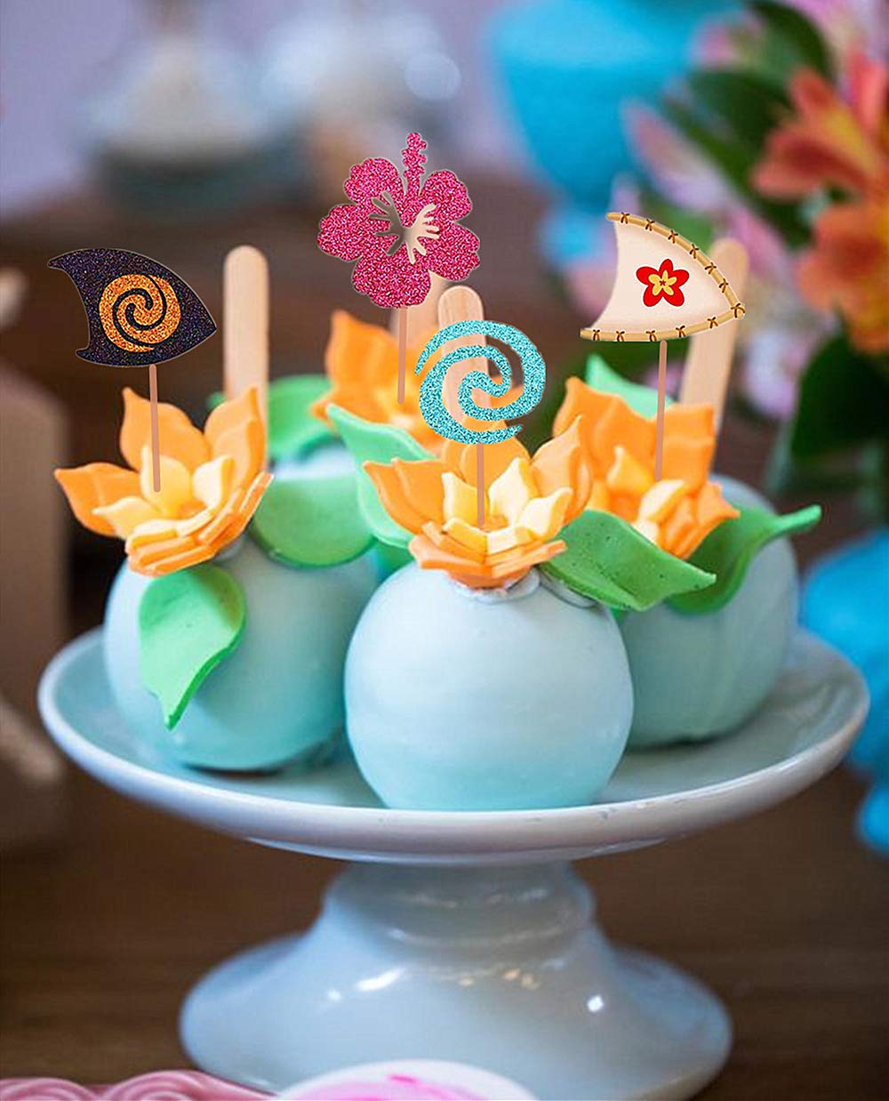 Jevenis 30 Pcs Glittery Moana Inspired Cupcake Toppers Moana Cake Toppers Hawaiian Birthday Party Decoration For Tropical Luau S