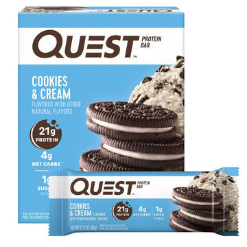 Quest Nutrition Cookies & Cream Protein Bars, 21G Protein, 4G Net Carbs, 1G Sugar, High Fiber, Gluten Free, Keto Friendly, 4 Count