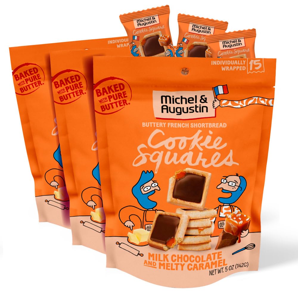 Michel et Augustin Chocolate Cookie Squares Snack Bag, Milk Chocolate & Caramel Cookies, Chocolate Gift Box, 3-Pack, 15 French S