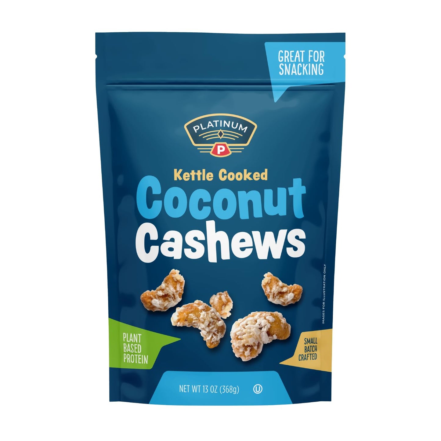 Platinum Kettle Cooked Coconut Cashews - Plant Based Protein, Fiber, Healthy Snack - Wholesome Nutritional Boost - Can Bring At Home, Work, Office, Gym & School - 13 Oz Individual & Resealable Pouch