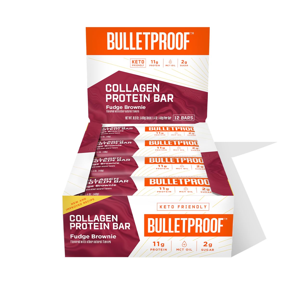 Bulletproof Fudge Brownie Collagen Protein Bars, Pack of 12, Keto-Friendly Snack with MCT Oil
