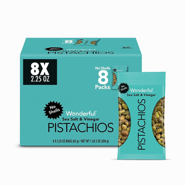 Wonderful Pistachios No Shells, Sea Salt & Vinegar Flavored Nuts, 2.25 Ounce Bag (Pack of 8), Protein Snacks, Gluten Free Snacks