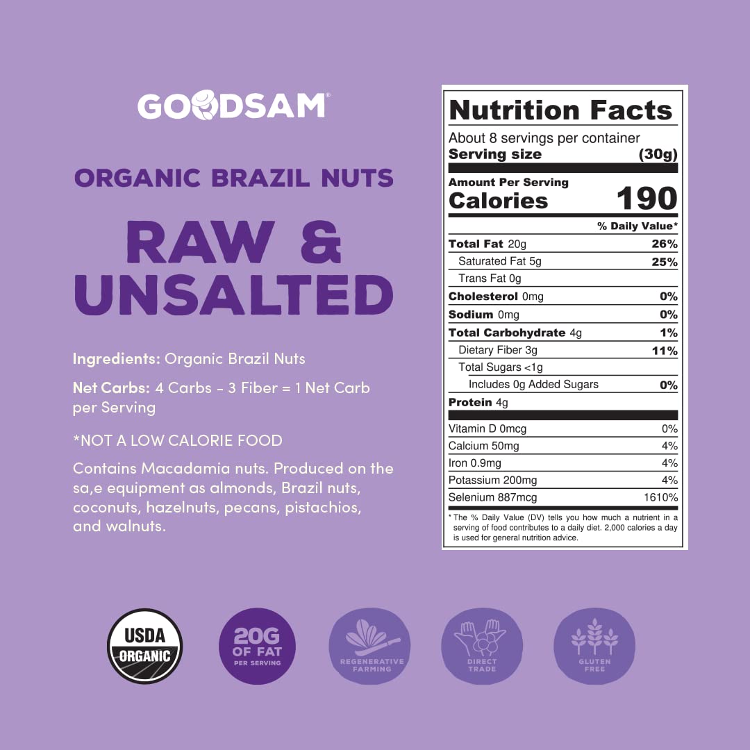 GoodSAM Organic Raw Brazil Nuts 0.5lb Unsalted Gluten Free Non GMO Vegan Keto Regenerative Farming Direct Trade