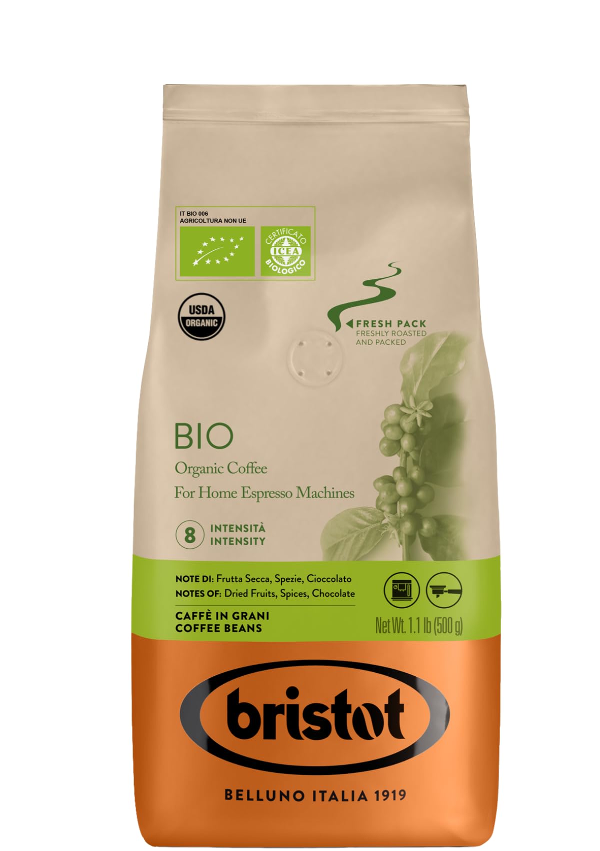 Bristot Bio Organic Italian Espresso Beans - Whole Bean Coffee Medium Roast - Smooth & Aromatic With Spices Caramel & Sandalwood Notes - 1.1 Lb (500 G) Certified Usda Organic