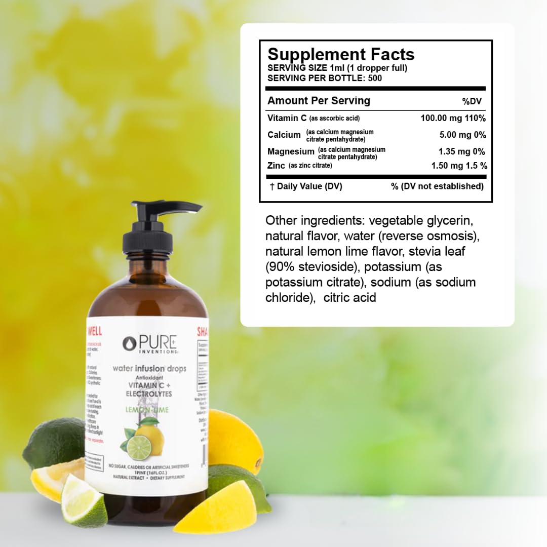Pure Inventions - Lemon Lime Water Infusion Drops - Antioxidants Vitamin C & Electrolytes - Health & Wellness Drink -Immunity Support -Sugar Free Zero Calorie No Artificial Sweeteners -500 Servings