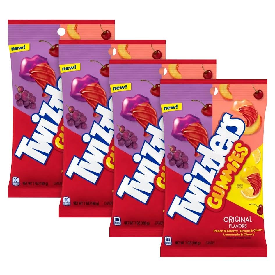 Munchique Twizlrs Gummies Candy, Cherry Fusion Blend, Soft & Chewy, 7 oz Bags, 4 Pack