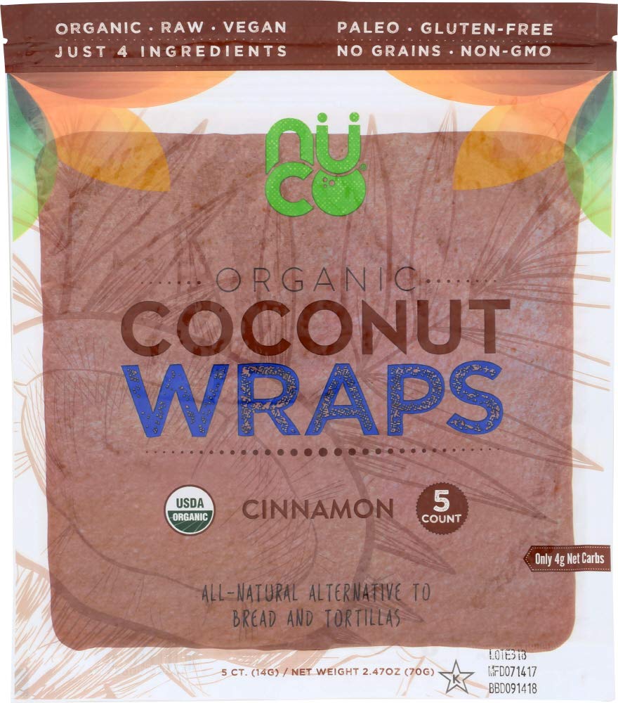 All-Natural Paleo Gluten Free Vegan Non-Gmo Kosher Raw Veggie Nuco Coconut Wraps Cinnamon Flavor. No Salt Added Low Carb And Yeast Free 5 Count (One Pack Of Five Wraps Each)