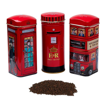 New English Teas British Souvenir 3X Tea Tins With 42 English Breakfast Teabags - Post Box, London Bus, Telephone Box, Uk Foods