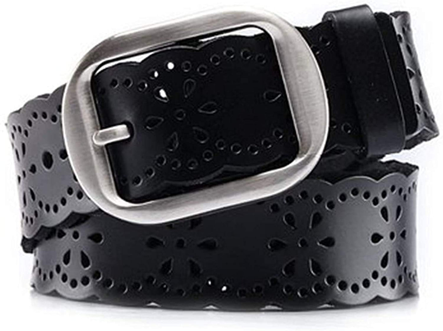 Jasgood Womens Hollow Flower Cowhide Leather Belt With Alloy Buckle(Suit For Waist Size 25-34Inch,B-Black-15 Wide)