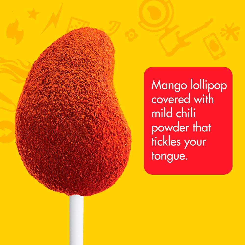 Vero Mango Lollipops Coated With Chili Powder, Hot And Sweet Candy Treat, Artificially Flavored, Net Wt. 1.39 Pound, 40 Count Ba