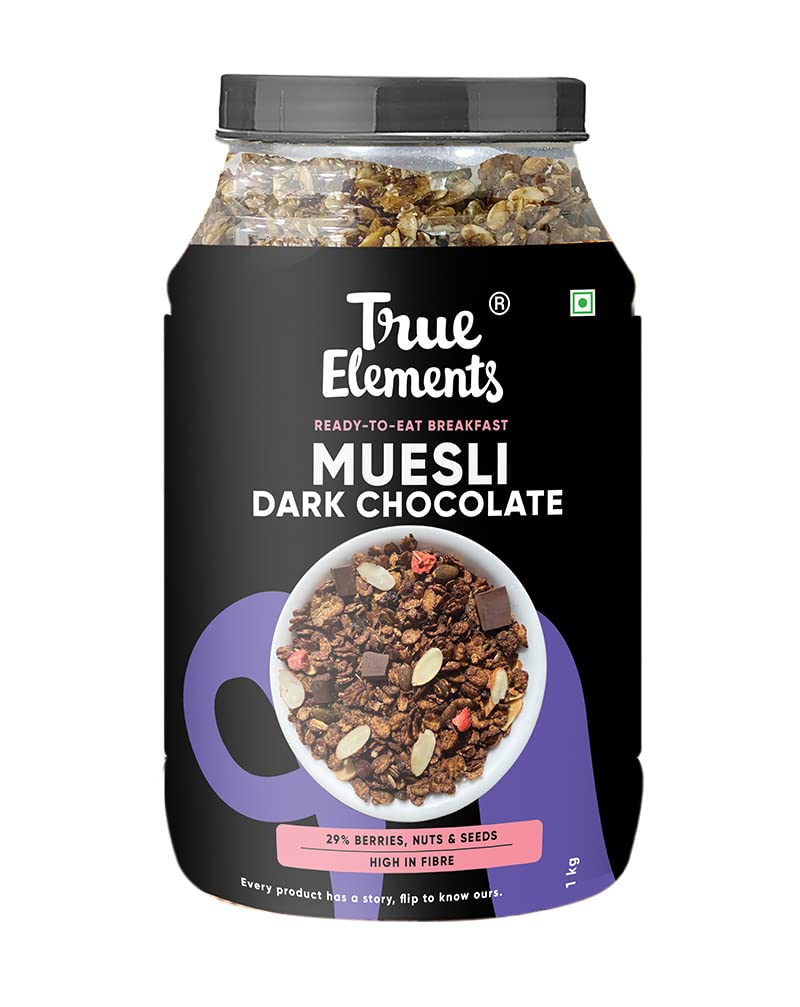 True Elements Dark Chocolate Muesli 1kg | Nuts & Berries Muesli | 13g Clean Protein | 13% Millet | Cereal for Breakfast | Gluten