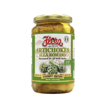 Flora Foods Artichokes Alla Romana | Marinated in Oil With Stems | 19 oz (530g) | Imported from Italy, All Natural, Non GMO, Fre