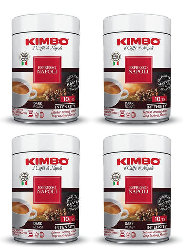 Kimbo Espresso Napoli Ground Coffee | Dark Roast | 10/13 Intensity | Intense Aroma & Long Lasting Flavor | 8.8 Oz Cans - Pack Of 4