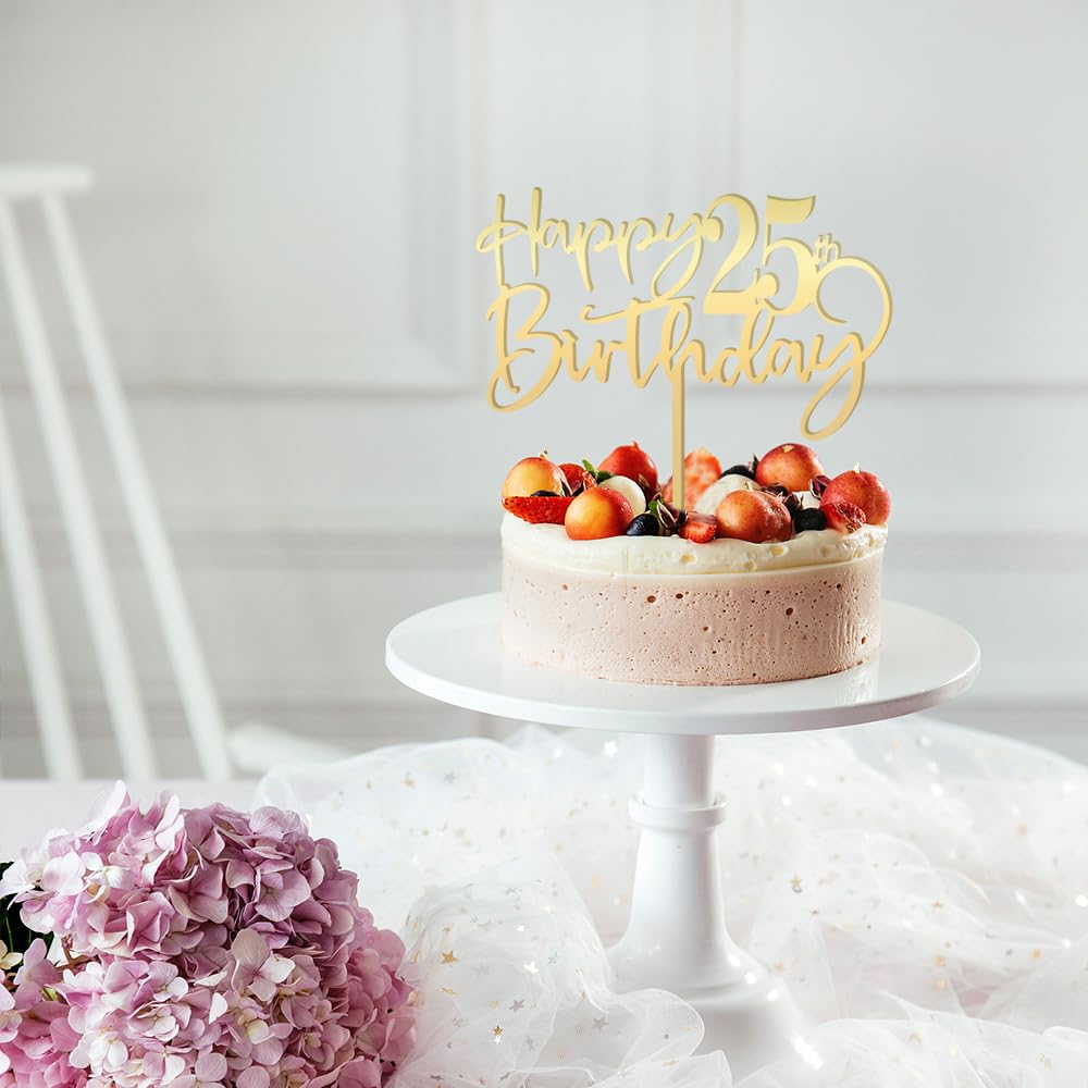 Mirrored Gold Acrylic 25Th Birthday Cake Topper - Durable Party Decorations, 'Hello 25' & 'Happy 25' Designs