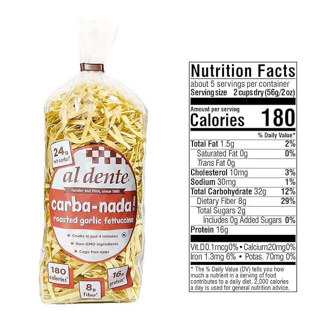 Al Dente Carba-Nada Variety Pack – Lower Carb, High Protein Pasta. Includes Egg Fettuccine & Roasted Garlic Fettuccine. Keto-Friendly, Artisanal, Non-Gmo, Cage-Free Eggs, 10Oz Bags (Pack Of 2).