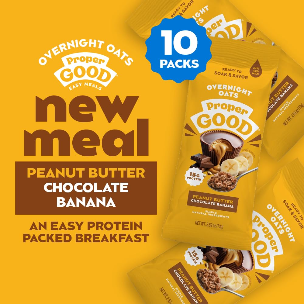 Proper Good Pb Chocolate Banana Overnight Oats - Delicious Breakfast With 15G Protein Per Serving - Easy Meals, Natural Ingredie