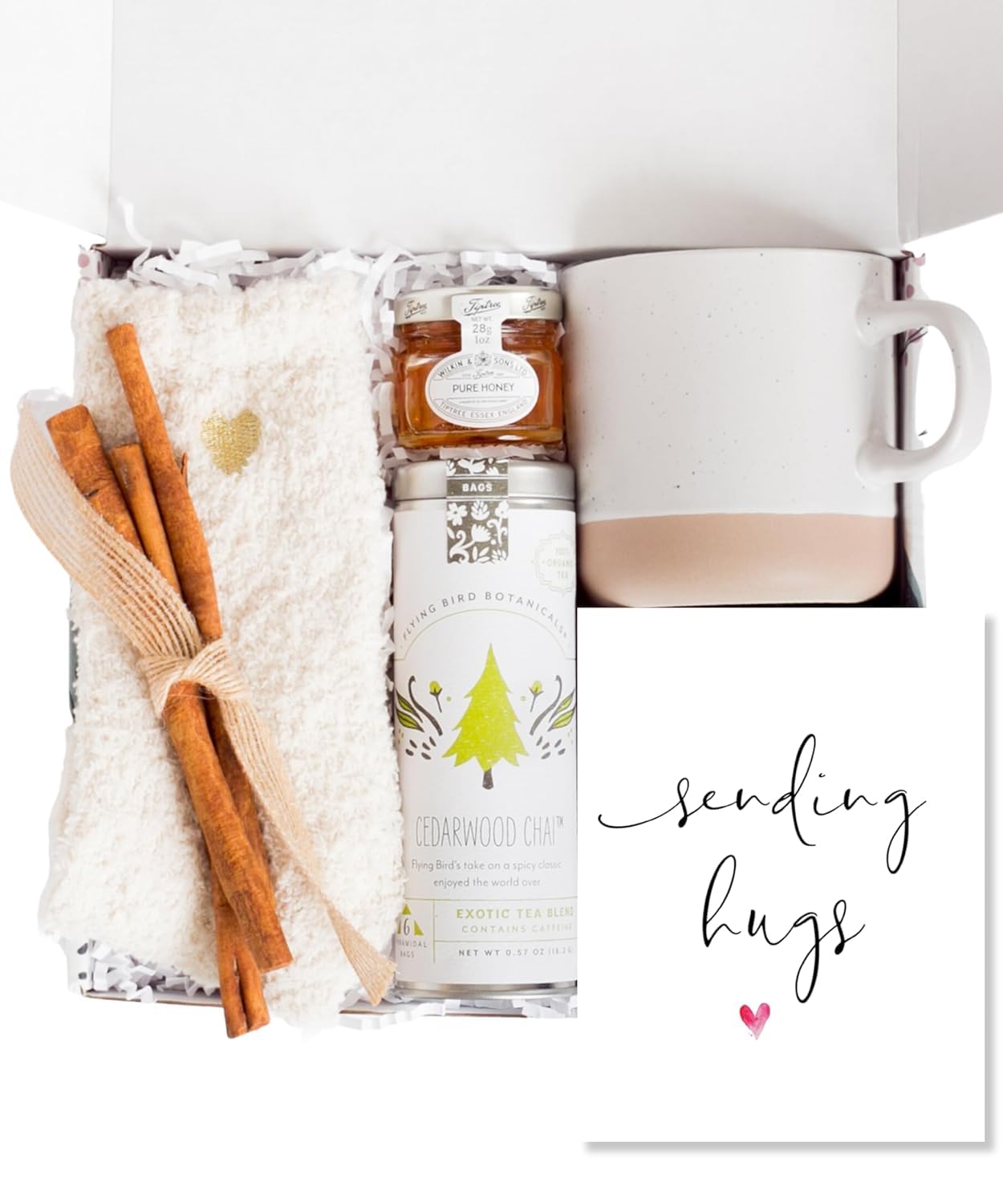 Unboxme Sending Hugs Comforting Gift Basket for Women - Soothing Self Care Box with Fluffy Socks, Ceramic Mug, Chai Tea, Honey &