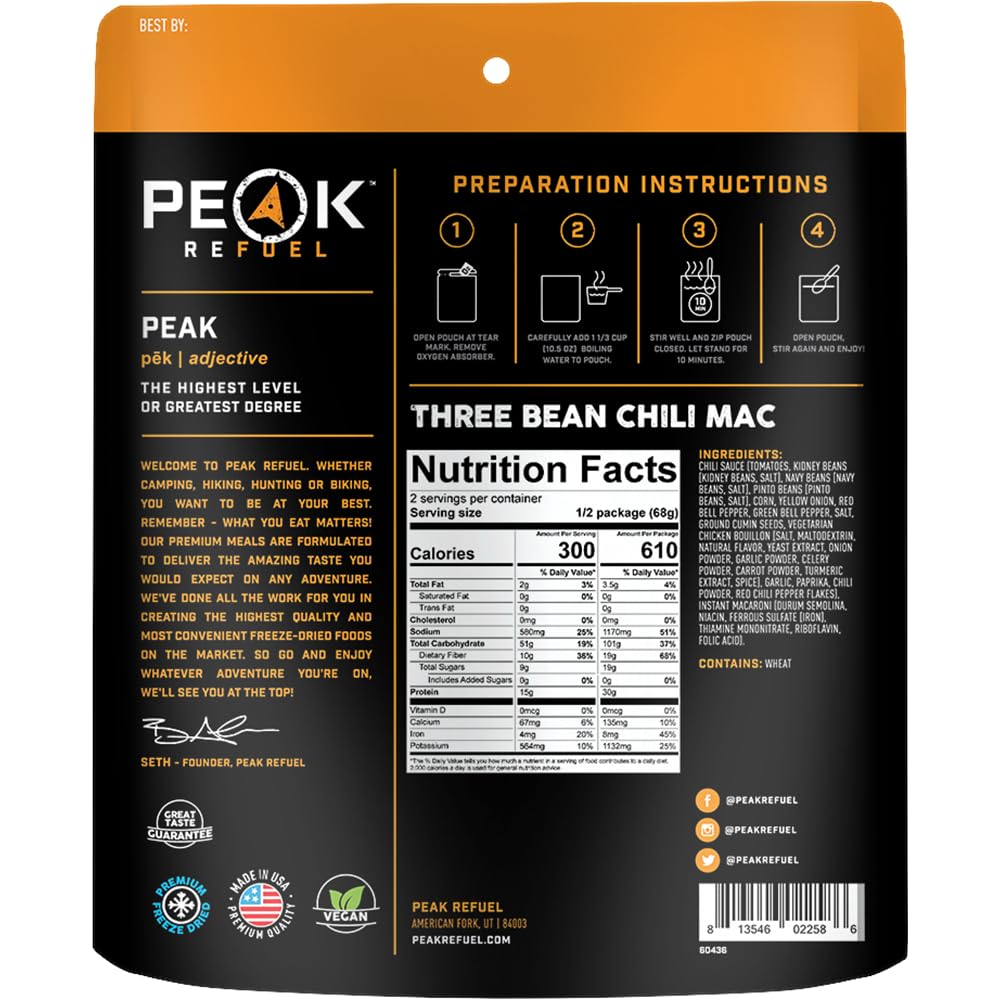 Peak Refuel Three Bean Chili Mac| Enhanced Freeze Dried Camping Food | Backpacking & Hiking Mre Meals | Just Add Water | 100% Real Ingredients | 30G Of Protein | 2 Serving Pouch