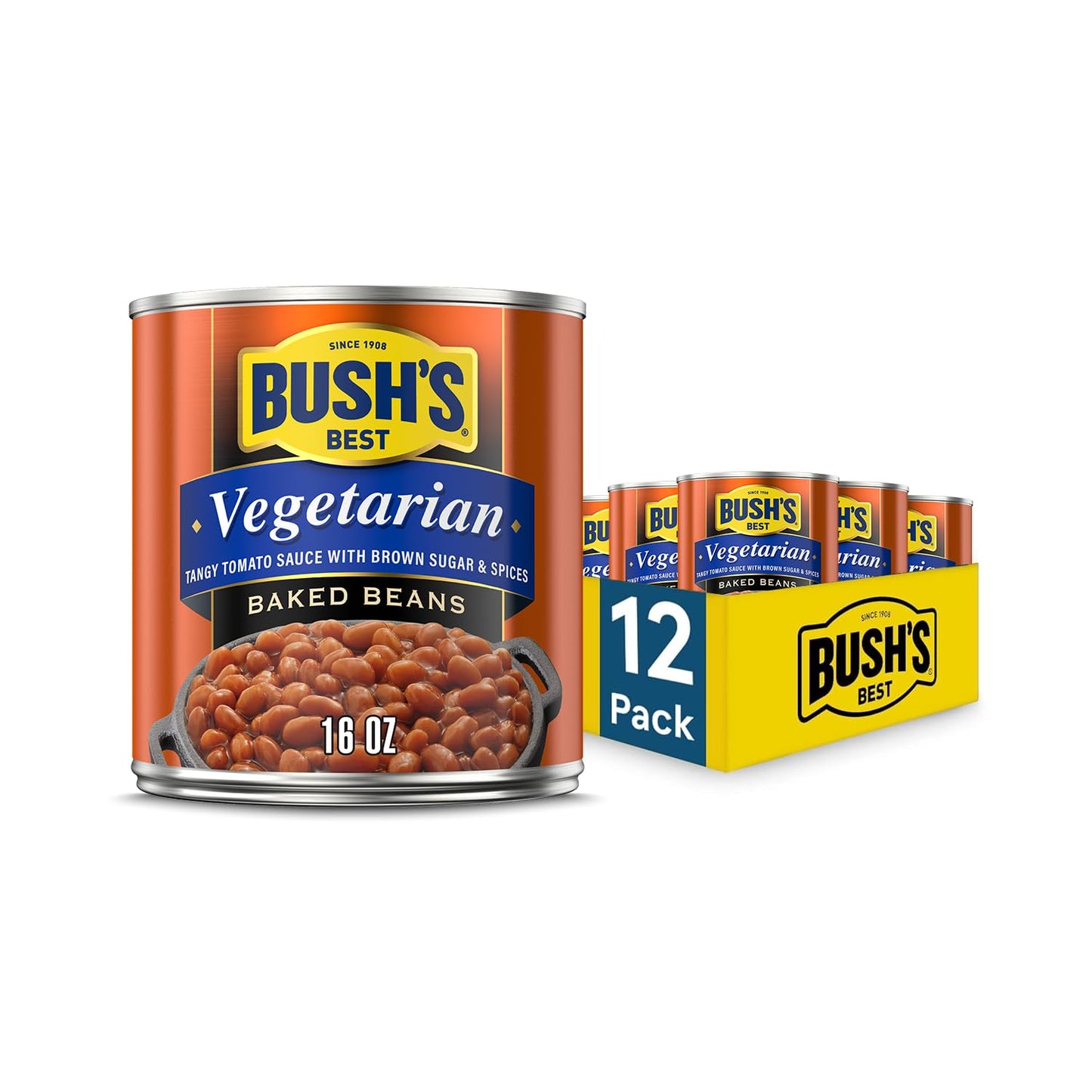 BUSH S BEST 16 oz Canned Vegetarian Baked Beans, Source of Plant Based Protein and Fiber, Low Fat, Gluten Free, (Pack of 12)