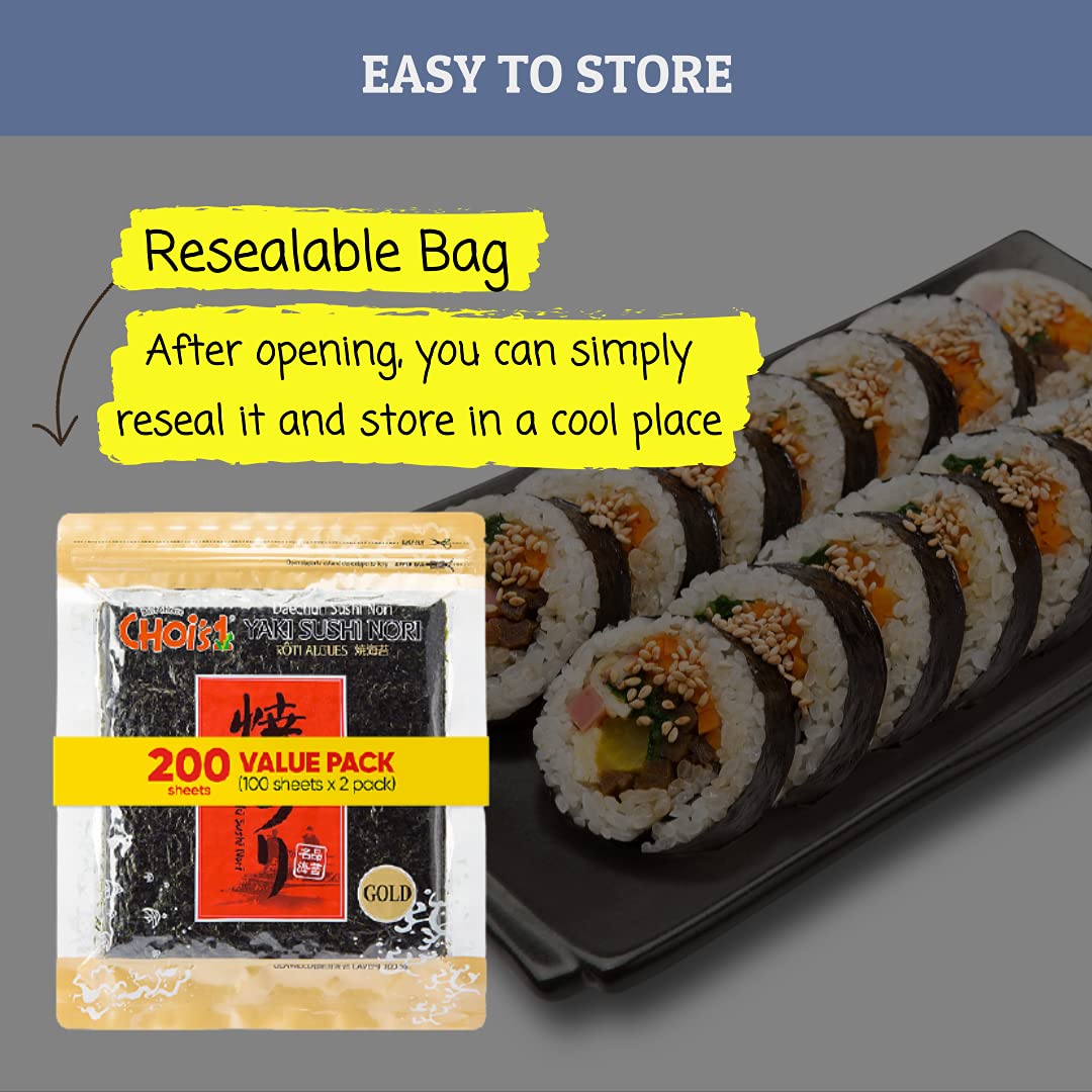 Daechun(Chois1) Roasted Seaweed, GIM (100+100 Full Sheets), Value Pack, Resealable, Gold Grade, Product of Korea