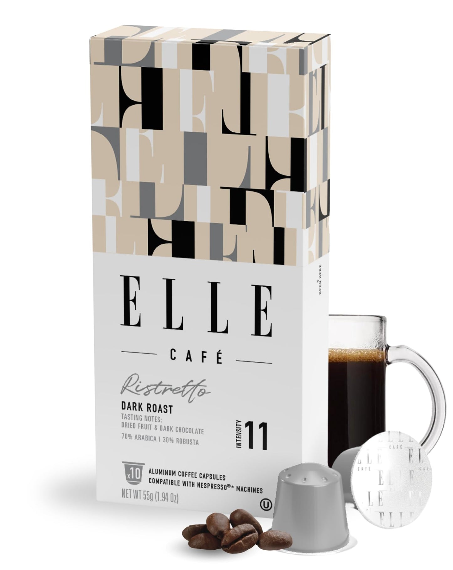 Elle Cafe Ristretto Espresso Coffee Pods - 10 Count - Dark Roast Flavor Intensity Level 11 - Single-Serve Units Compatible With Nespresso Oriflavor Blendal Coffee Machines