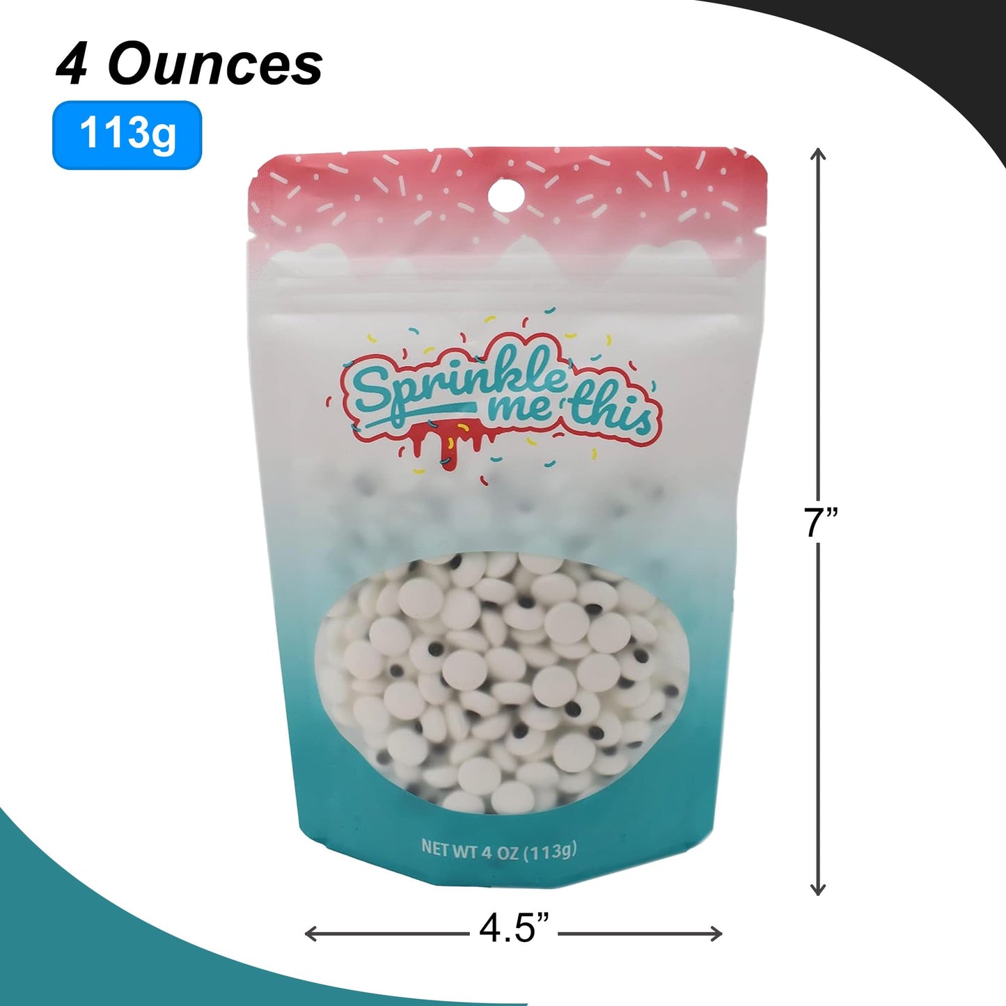 Spooky Eye Toppers - 4 oz Resealable Stand Up Candy Bag - Edible Baking Decorations - Funny White Googly Eyes for Cupcakes, Cake