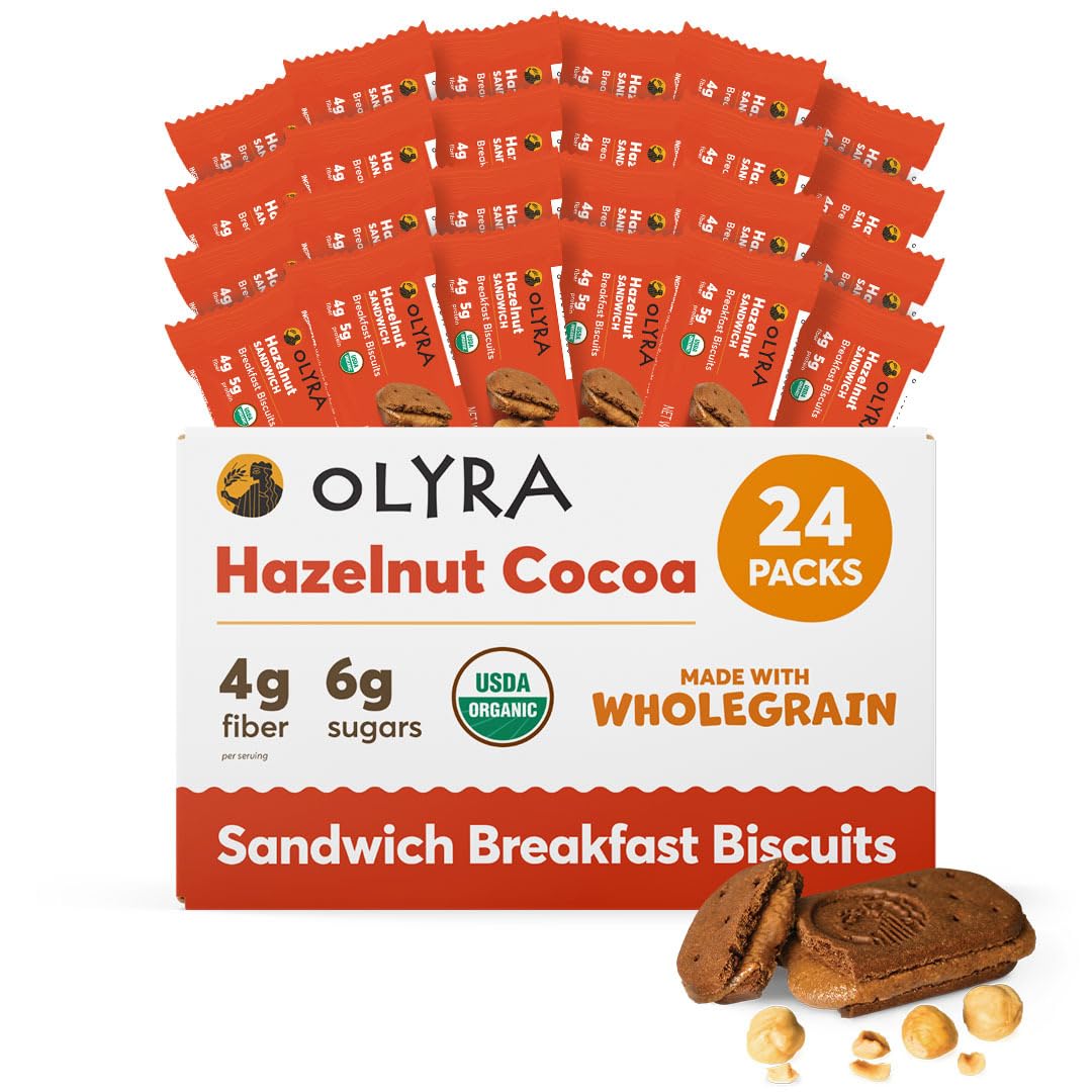 Olyra Hazelnut Cocoa Sandwich Breakfast Biscuits, Healthy Snacks for Adults and Kids, Low Sugar, High Fiber, Organic Vegan Cooki