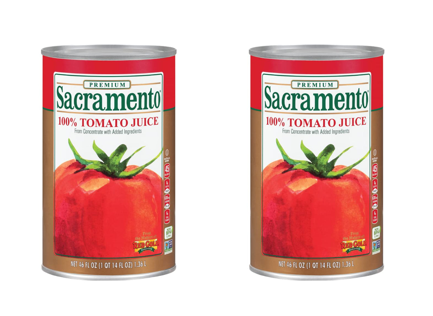 Sacramento Tomato Juice, No Added Sugar Or High Fructose Corn Syrup, 46 Ounce Cans, 2-Pack