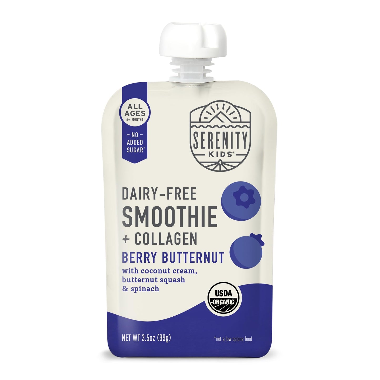 Serenity Kids 6+ Months Dairy Free Smoothie Baby Food - Usda Organic - Grass Fed Collagen Protein - 3.5 Ounce Bpa-Free Pouch - Berry Butternut Protein Smoothie Baby Pouches - 6 Count