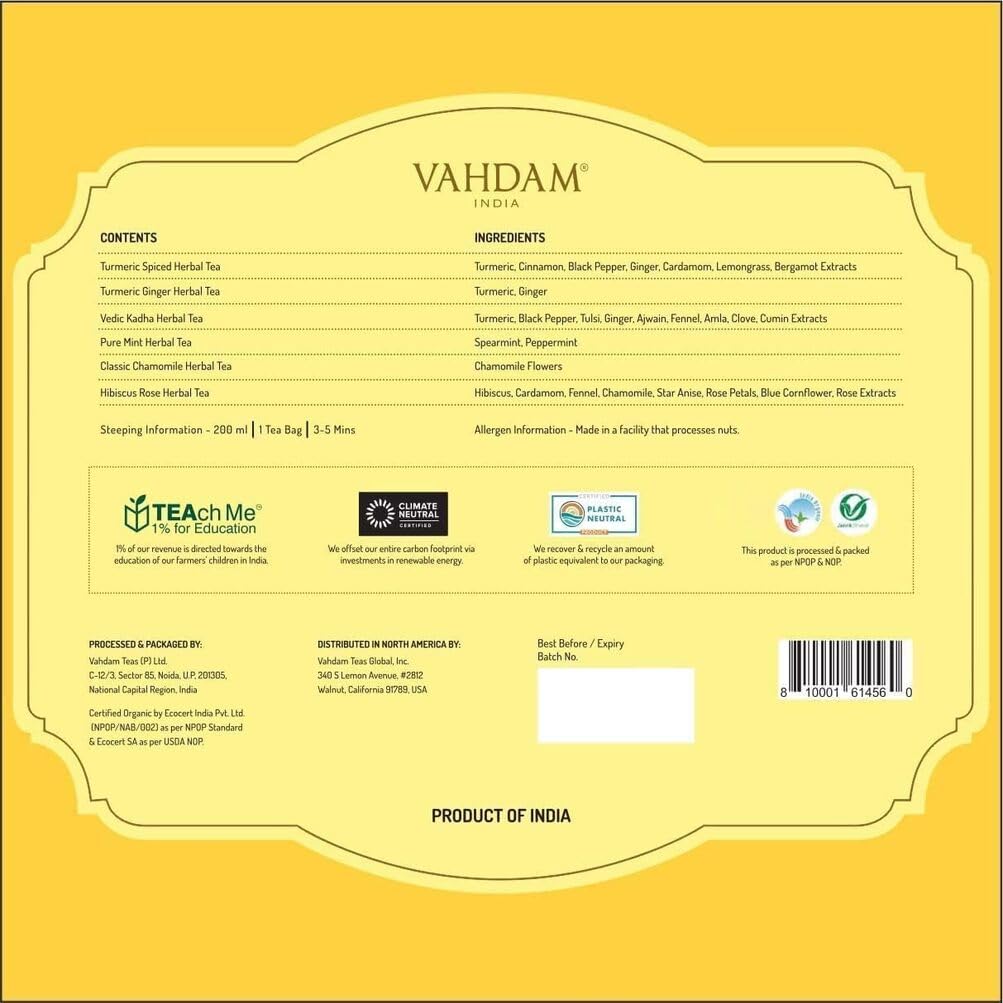 Vahdam, Assorted Herbal Tea Variety Pack (6 Variants, 36 Tea Bags) Caffeine Free, Gluten Free, Non Gmo | Eco Friendly Long Leaf Pyramid Tea Bags I Tea Gift Sets For Men And Women