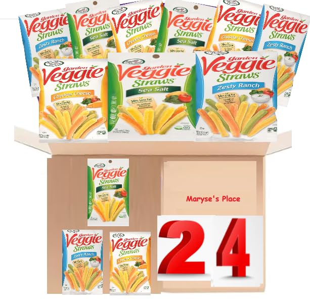 Sensible Portions Veggie Straws Variety Pack, 24 Count, 1 oz Bags, Sea Salt, Zesty Ranch, Cheddar Cheese Flavors- Healthy Snack