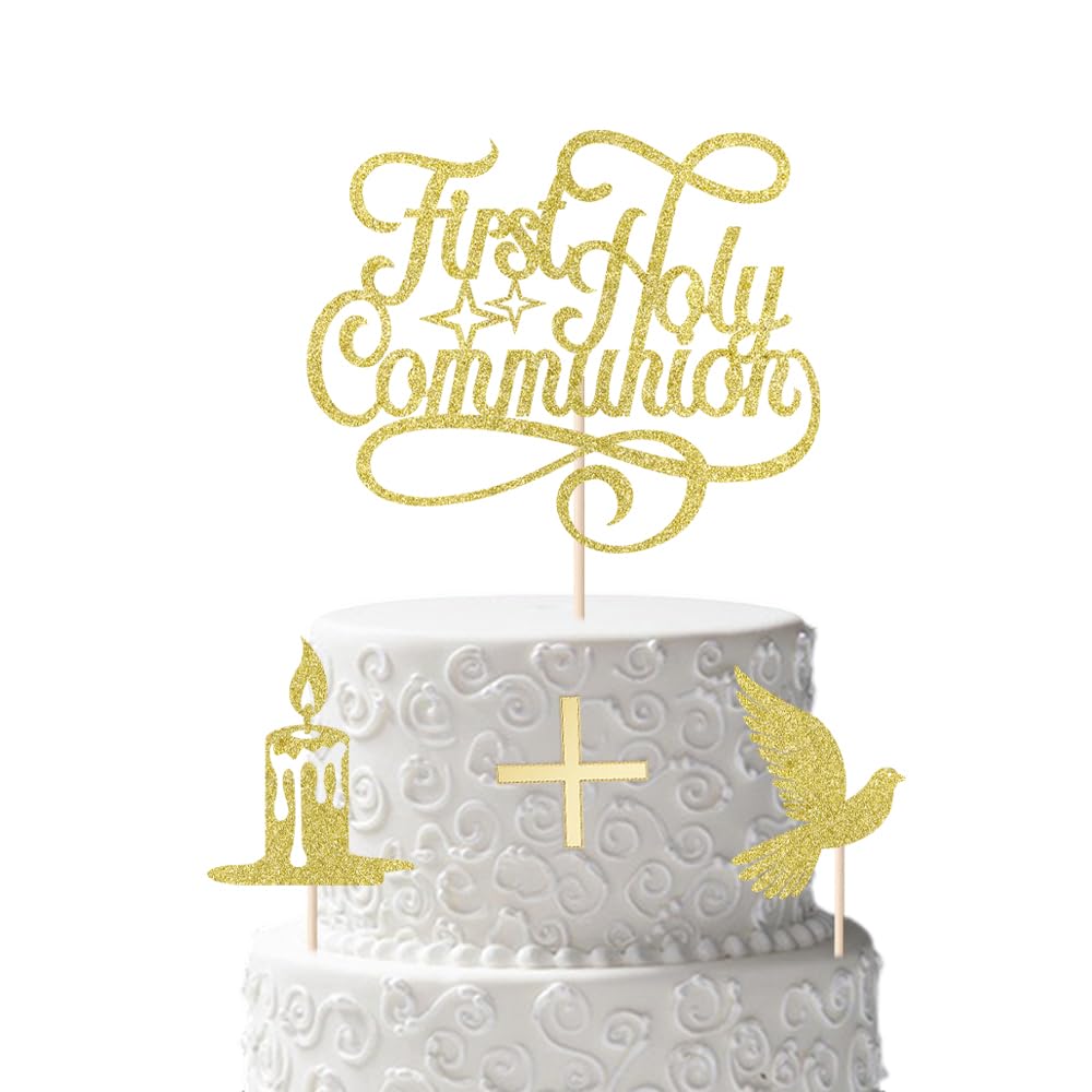 Sleyberoy First Holy Communion Cake Topper, Golden Paper Decoration for Eid, Baptism, Christening, Baby Shower, Birthday