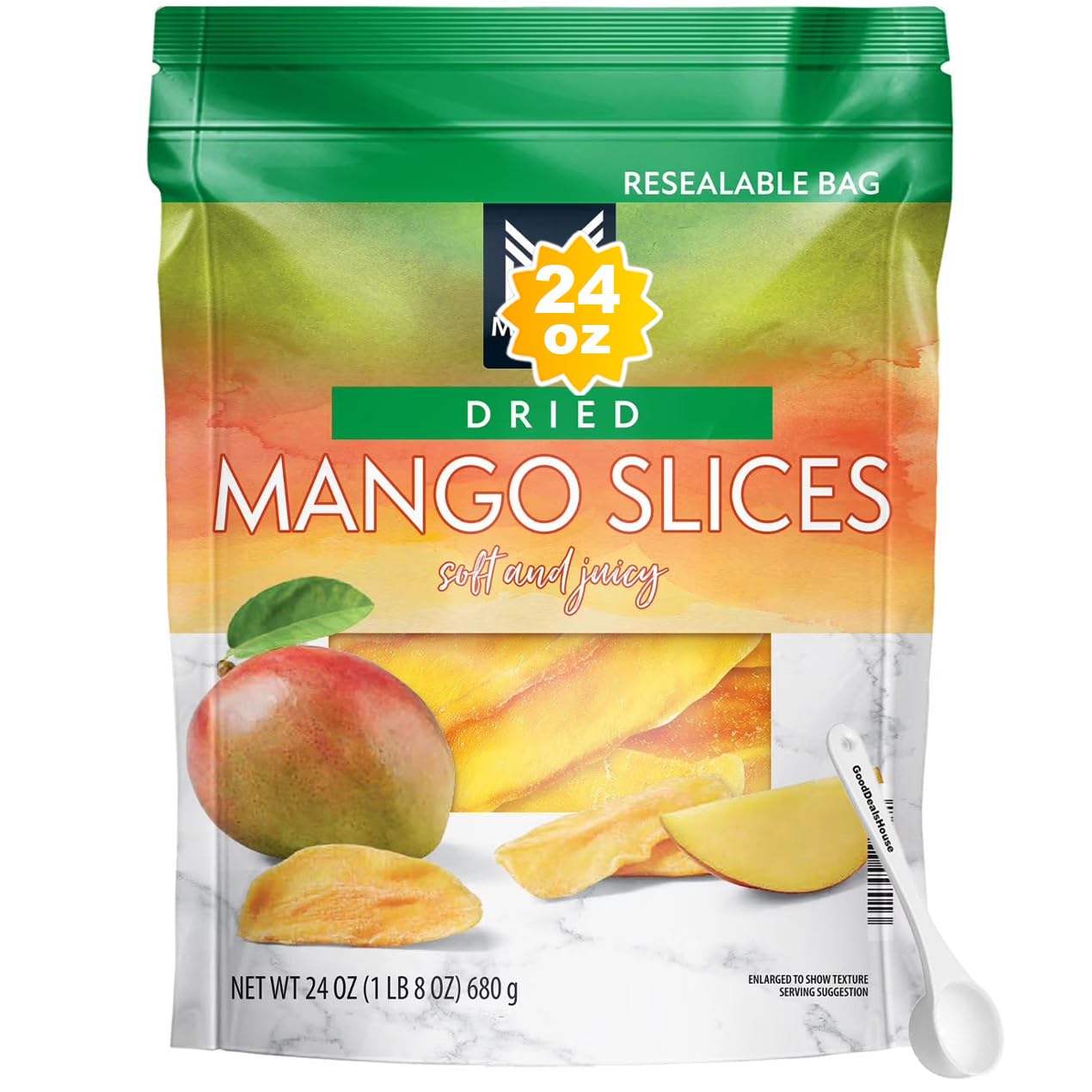 Dried Mango Slices 24 oz Value Pack + 5 ml Measuring Spoon - Sweet & Chewy Dried Fruit Snack Bundle, Resealable Bag