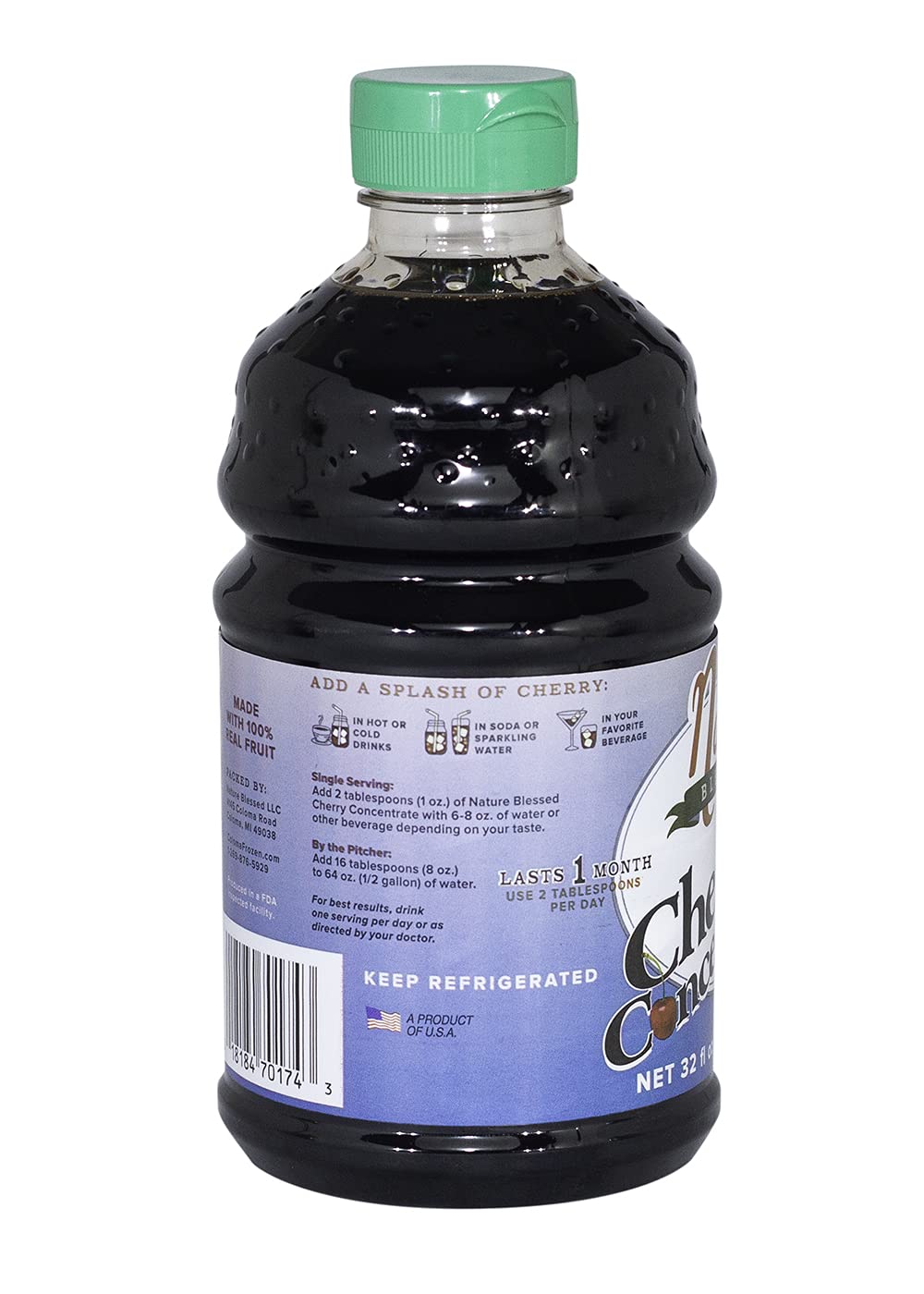 Nature Blessed 100% Pure Tart Cherry Concentrate - 4 Quarts (Four 32Oz Bottles), Refreshing Drink Or In Smoothie, All Natural, N