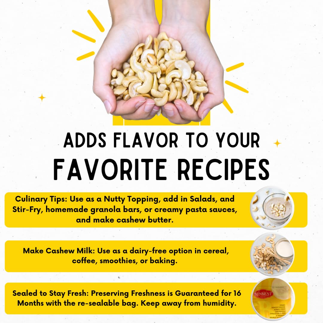Sunbest Natural Raw Large Cashew Pieces 48 Oz (3 Lbs) 1 Pack - Unroasted & Unsalted For Cooking, Baking & Snacking - Fresh, Nutrient-Rich, Keto, Paleo & Vegan - Non-Gmo, Gluten-Free - Long-Lasting Freshness
