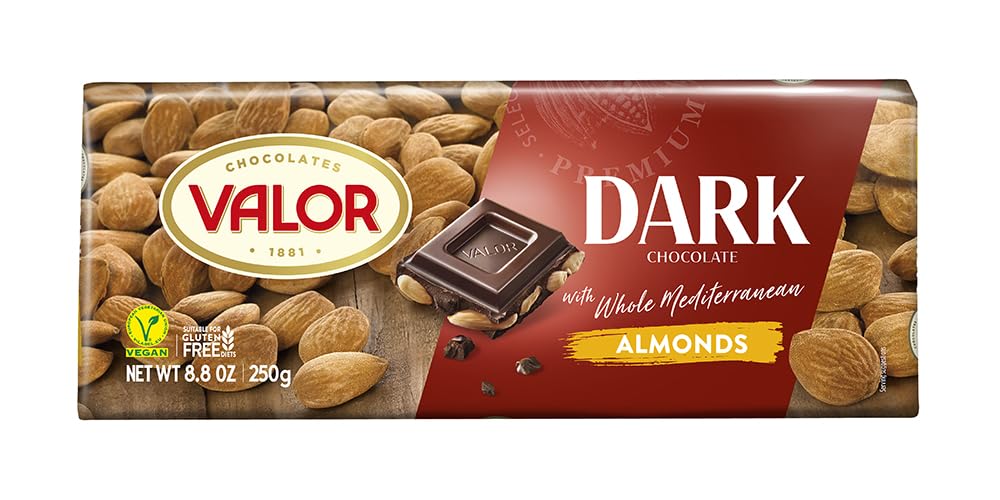 Valor. Dark Chocolate with whole Mediterranean Almonds. 250g (8.75oz). Pack of 3.