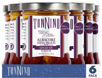 Tonnino Tuna Fish Albacore - Olive oil with Ginger soy - Pack of 6 - Alternative to Salmon - Protein Snacks - Ready to Eat Meals