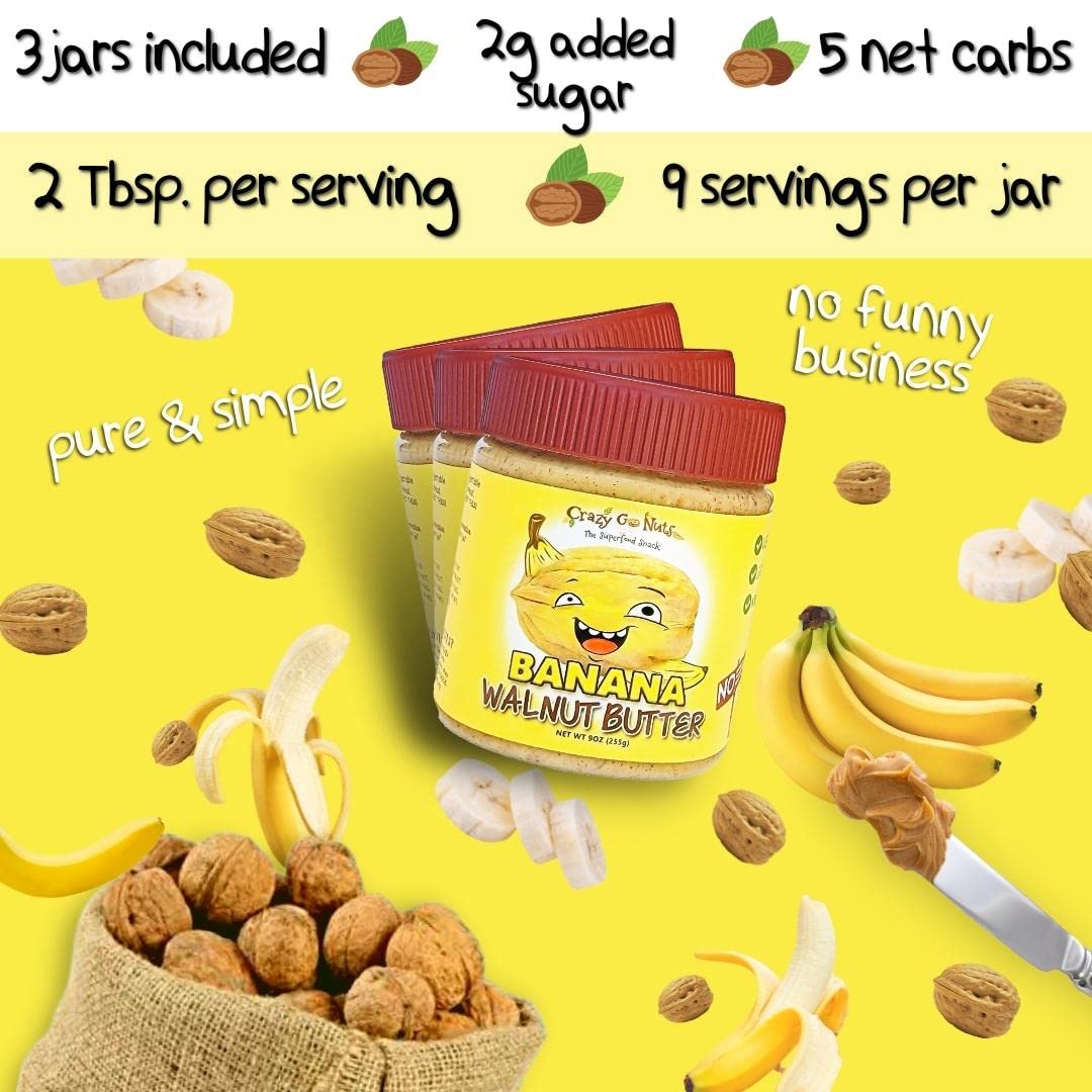 Crazy Go Nuts Walnut Butter Banana - Walnut Spread, Keto, Vegan, Low Carb, Gluten Free, Superfood-Natural, Non-GMO, ALA, Omega 3
