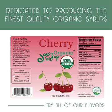 Joes Syrup Organic Flavored Syrup, Organic Cherry, 750 Ml (3 Pack)