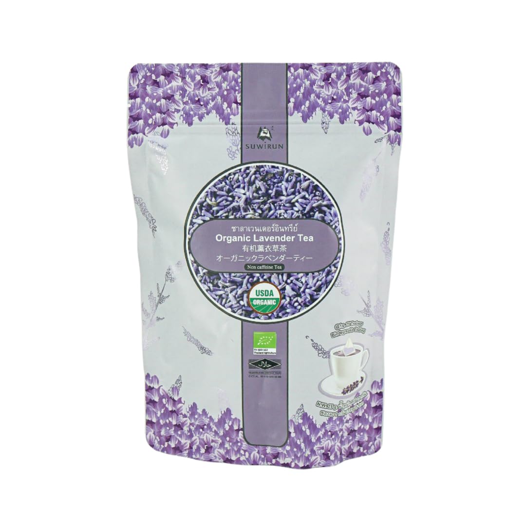 Suwirun Organic Lavender Tea 25 Bags - 100% Lavender Flowers - Aromatic & Calming Energy Blend-Free - Supports Stress Relief Relaxation & Playter Sleep