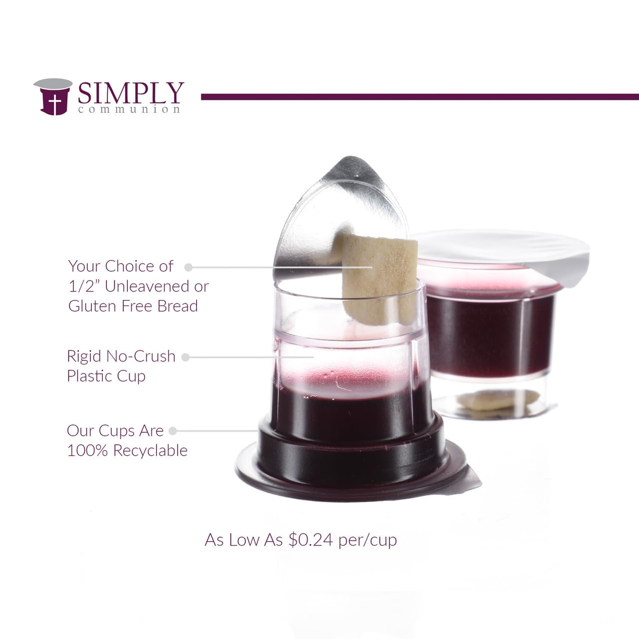 Simply Communion Pre-Filled Communion Cups - Tray & Seatback Pew Compatible Cups And Wafer - Concord Juice And Bread - Box Of 10