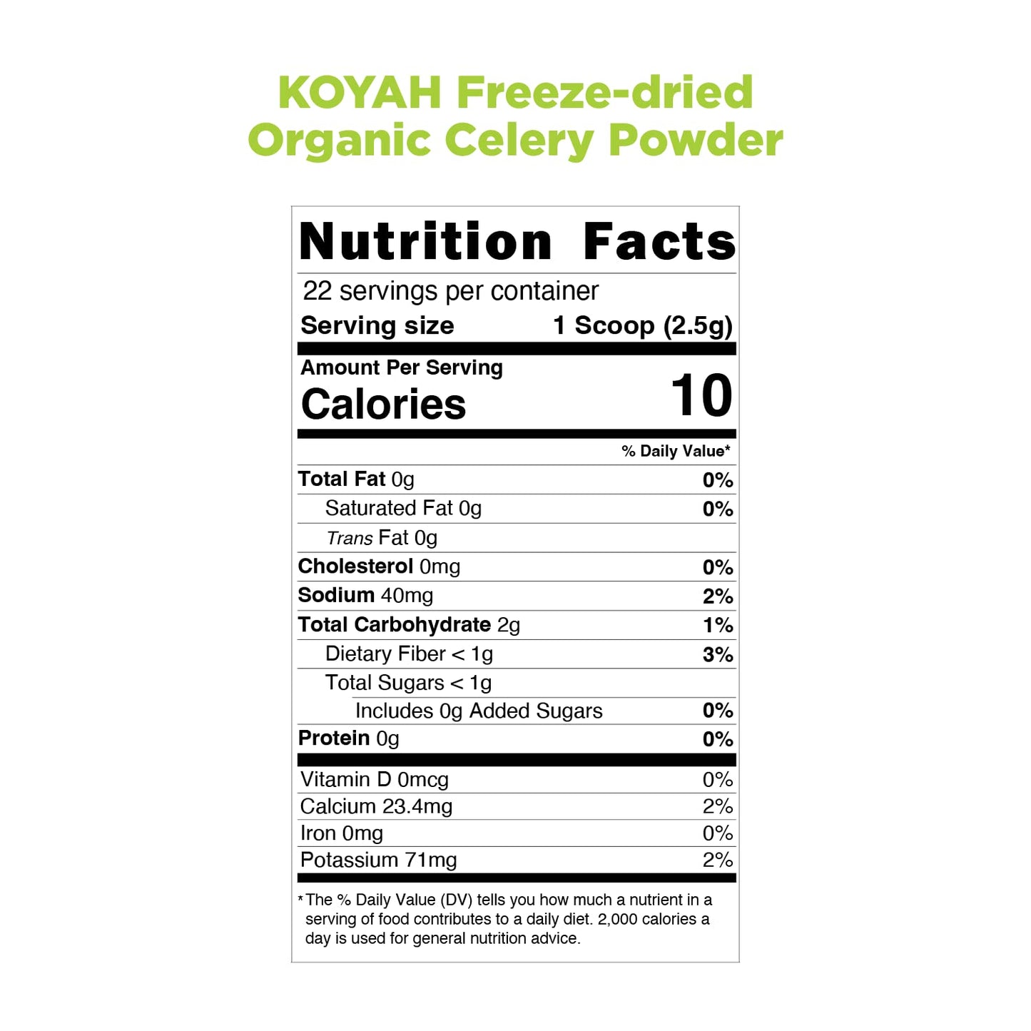 KOYAH - Organic USA Grown Celery Powder (1 Scoop = 1/2 Cup Fresh): 22 Servings, Freeze-dried, Whole-Stalk Powder