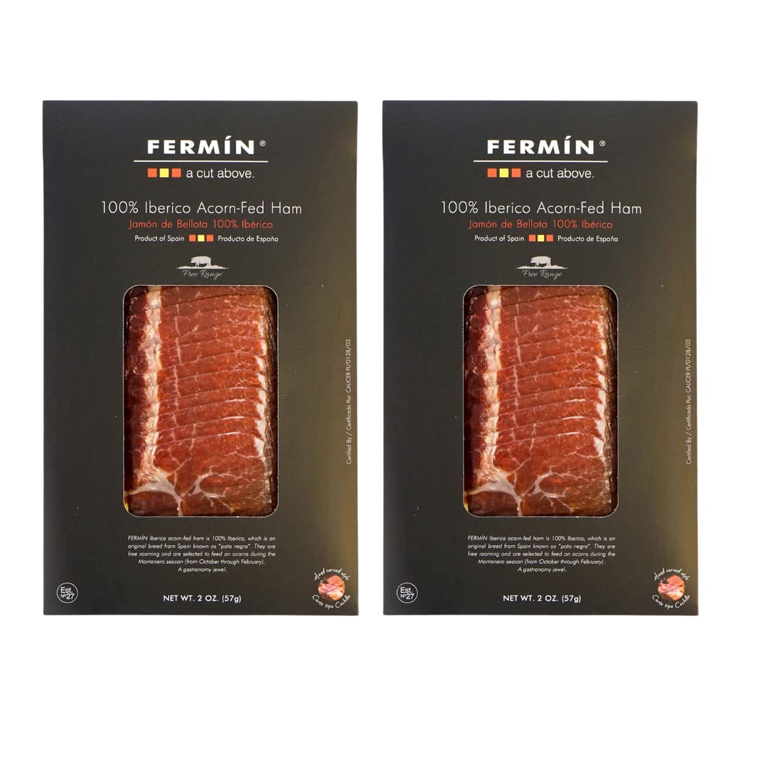 Fermin 100% Iberico Acorn-Fed Ham Sliced 2 Oz (2 Pack) | Jamón De Bellota 100% Ibérico Loncheado, Authentic Spanish Iberico Acorn-Fed Ham