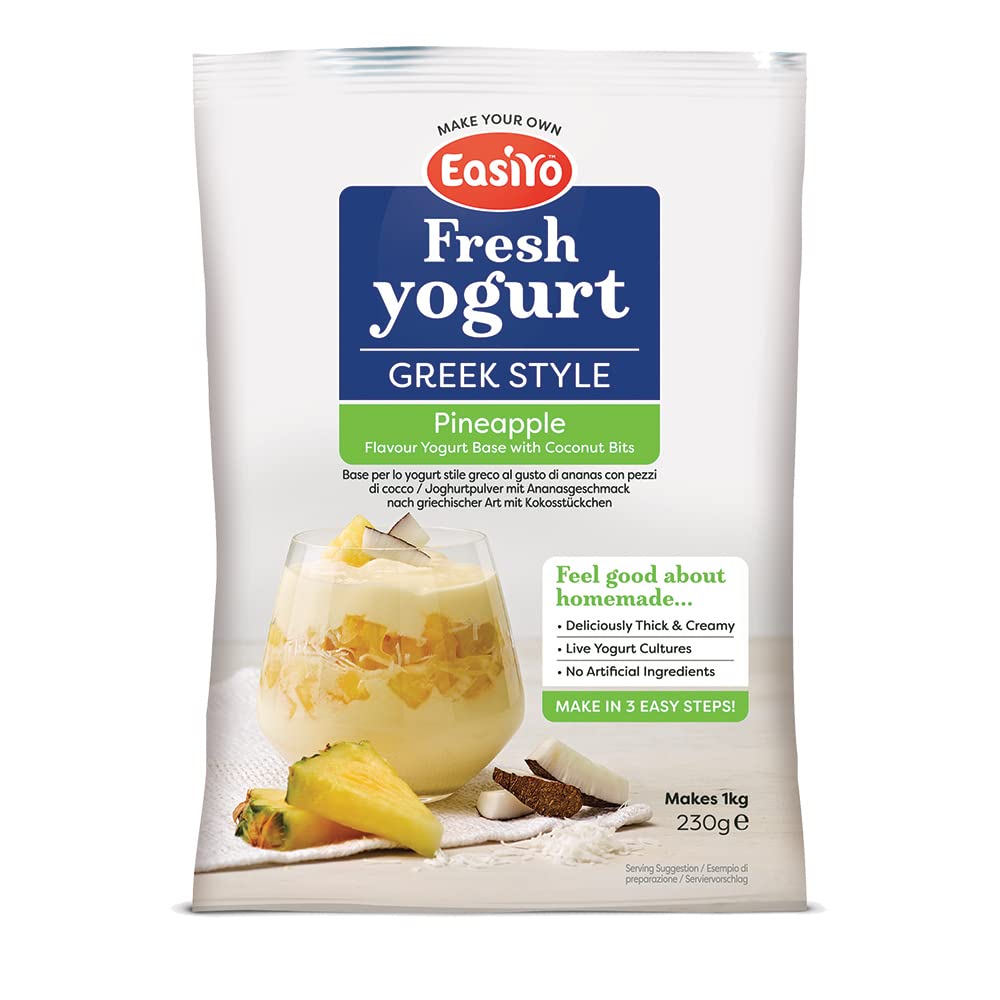 EasiYo Greek Style Pineapple Flavored Yogurt Base (1-pack, 7 Servings) with Live Cultures | Easy & Fresh Homemade Yogurt | Use w