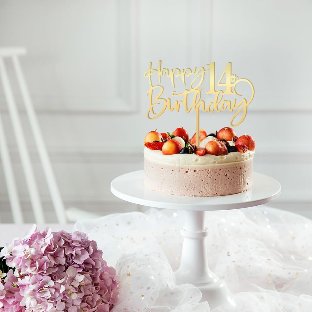Bekaterea Happy 14 Th Birthday Cake Topper,Mirrored Gold Acrylic Durable Cake Topper,14Th Birthday Party Cake Decor S,Hello 14Th