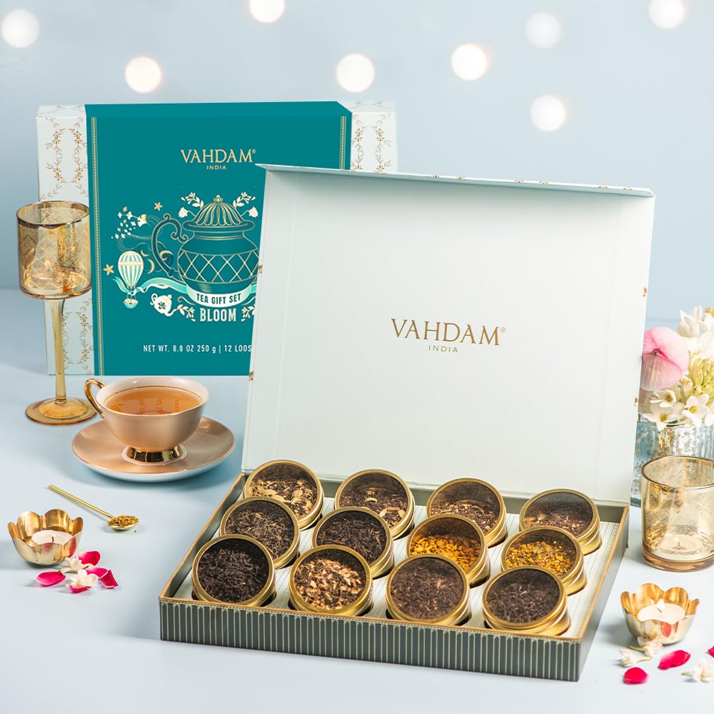 VAHDAM Assorted Tea Gift Sets - 12 Count elegant Gift Box, 100% Natural Ingredients, Green Tea, Chai, Herbal, Black Tea