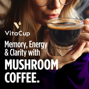 Vitacup Focus Mushroom Instant Coffee | For Memory & Clarity Support | With Fiber, Chaga, Lions Mane | D3 & B Vitamins | Medium
