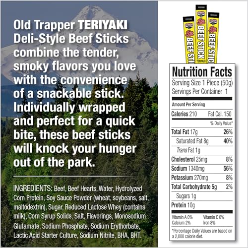 Old Trapper Deli-Style Sausage Sticks, Teriyaki Flavor, 1.75-Ounce Individually Wrapped Packages, 10 Grams Of Protein Per Servin