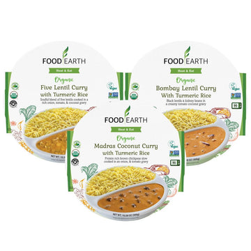 Food Earth Ready to Eat Indian Cuisine - Bombay Lentil Curry, Five Lentil Curry & Madras Coconut Curry with Turmeric Rice - Orga