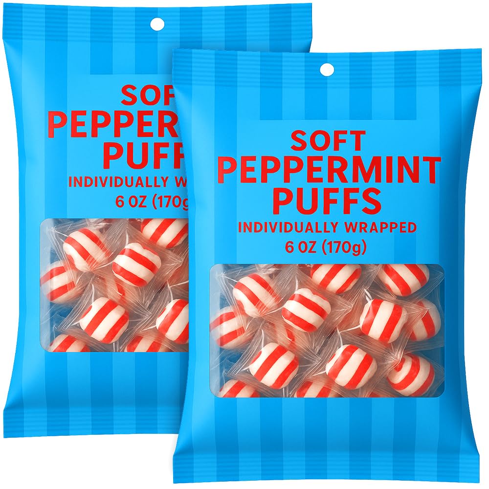 Peppermint Puff Candy | Soft Breath Mints Individually Wrapped | For Holiday Office Reception Party Favor Birthday Gift | 2 Pack Bag (6 Oz Each)